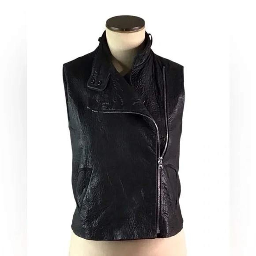 Alexander Wang Black Cropped Moto‎ Leather Asymmetrical Zip Vest Womens Sz 0